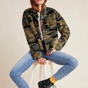 Anthropologie Faux Fur Jacket Camo Green NVLT Soft Teddy Boxy Edgy Women's XS